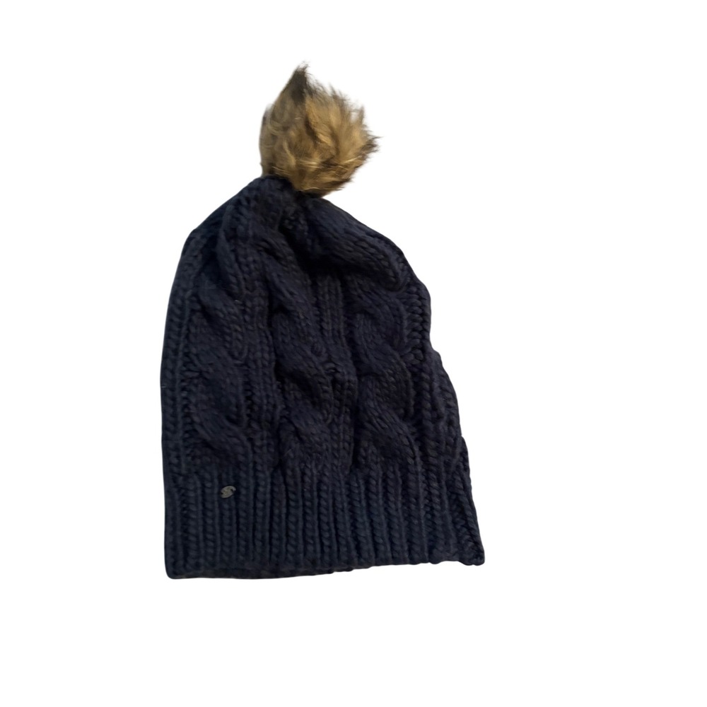 American Eagle Beanie Cable Knit Navy‎ Blue Faux Fur Pom Pom OSFA